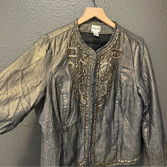 Chicos GOLDEN TRINKET ROYALTY JACKET BREADED
INDIGO/BRONZE FOIL 2/Large - Picture 2 of 14